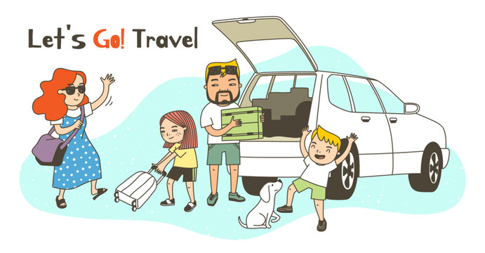 Travel with family. suitcases and luggage are loaded into the car to go on a trip. A fun time with your dog. happy family look.
