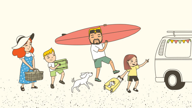 A family preparing for travel and vacation. Loading the surfboard into the car. Families carrying suitcases and luggage. Dogs also accompany them.
