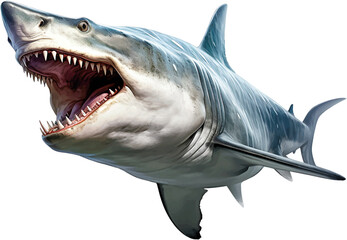 Fototapeta premium Angry shark on white background, Predator Attack - AI generated 