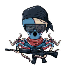 Bored cyborg octopus cartoon character in a black bandana, wearing glasses and a machine gun. Illustration for fantasy, science fiction and adventure comics