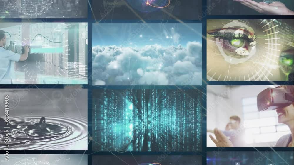 Poster animation of network of connections over data processing on screens