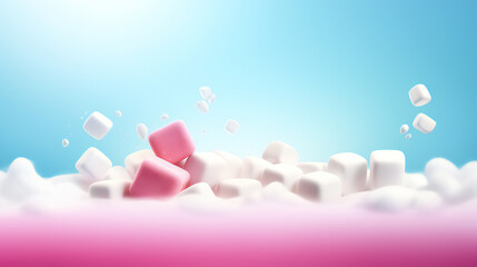 Marshmellow advertisement banner 3d illustration. Empty copy space. Generative AI.