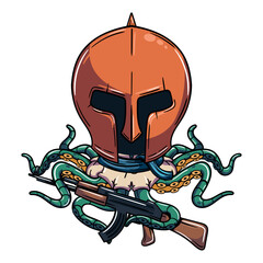 Cartoon cyborg octopus character wearing medieval helmet with shotgun. Illustration for fantasy, science fiction and adventure comics