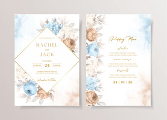 Watercolor wedding invitation template set with romantic blue brown floral and leaves decoration