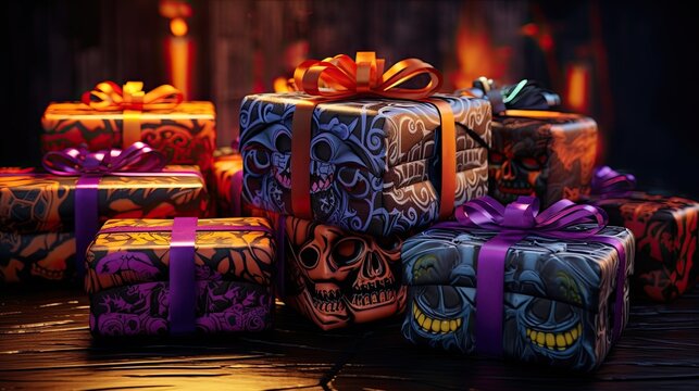 Creepy gift boxes with teeth and scary motifs, enclosed in vibrant colors. Ideal for a Halloween party.