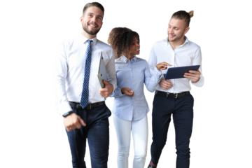 Group of modern business people are working using laptop and smiling while standing in the office hallway on a transparent background