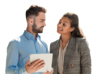 Modern business people are working using digital tablet and smiling on a transparent background