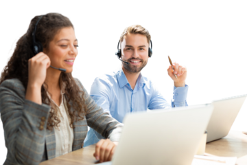 Portrait of call center worker accompanied by his team. Smiling customer support operator at work on a transparent background.