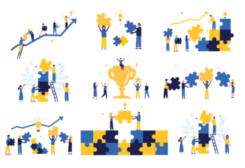 Business concept. Team metaphor. People connect puzzle elements. Flat illustration in flat design style. Teamwork, collaboration, partnership. Businessmen working together and moving towards success.