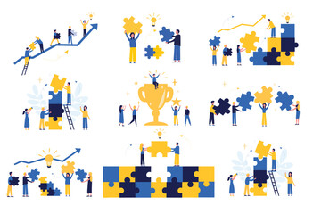 Business concept. Team metaphor. People connect puzzle elements. Flat illustration in flat design style. Teamwork, collaboration, partnership. Businessmen working together and moving towards success. - obrazy, fototapety, plakaty