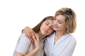 Cheerful young woman is embracing her middle aged mother on a transparent background