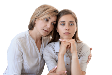 Concerned middle aged mother and adult daughter sit on couch having serious conversation, listen to her sharing problems on a transparent background