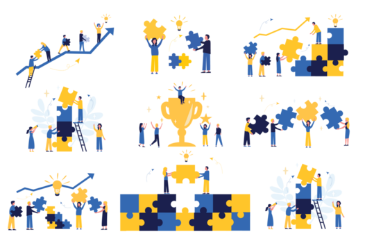 Business concept. Team metaphor. People connect puzzle elements. Flat illustration in flat design style. Teamwork, collaboration, partnership. Businessmen working together and moving towards success.