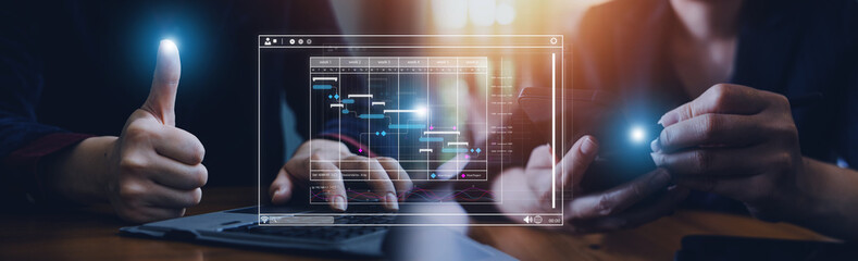 Businessman analyzing business Enterprise data management, business analytics with charts, metrics and KPIs to improve organizational performance, marketing, financial organization strategy.