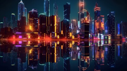 Night city neon lights of the metropolis reflection