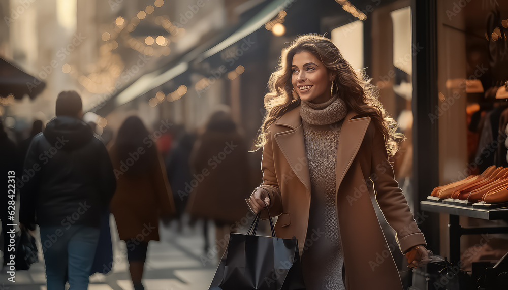 Wall mural attractive cheerful woman walks happily on the autumn street