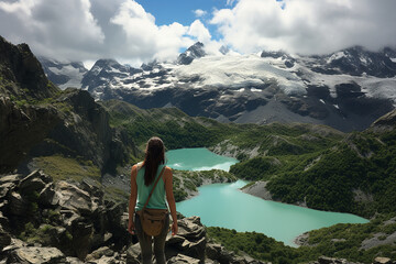 Woman hiker admiring beautiful mountain scenery. Beautiful inspiring scenery, trekking and activities. Generative AI