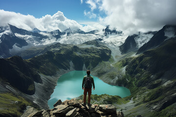 Man hiker with a backpack gazes at a beautiful summer mountain landscape. Beautiful inspiring landscapes, trekking and activities. Generative AI