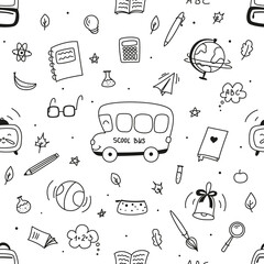 Seamless pattern on school theme, set of school tools, set of education icons, back to school, stationery for schoolboy, student, student notebooks, back to school,colored pencil,back to school doodle