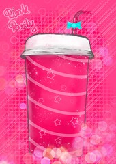 Pink party cup with pink drink made in watercolor style