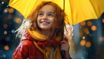positive girl smiling wearing raincoat jacket with a hood enjoying the rain outdoors - Powered by Adobe