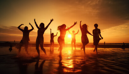 Fototapeta na wymiar Large crowd of people having fun on the sunset beach