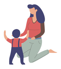 Mom helping toddler to learn walking, first steps