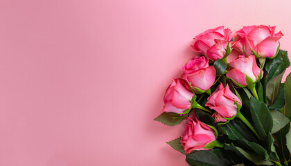 Bouquet of pink roses on a pink background. Top view