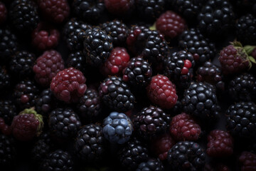 Blackberries close view, blackberry pattern background. Generative AI
