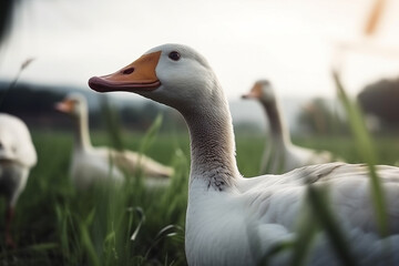 Happy goose roaming free on farm meadow. Farm animal welfare and care. Generative Ai