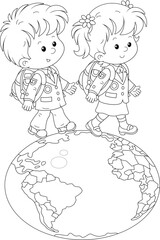 Happy little schoolchildren walking around a geographic globe of the Earth, black and white vector cartoon for a coloring book page