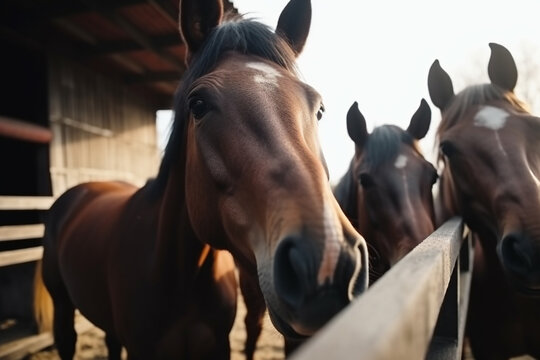 Happy horses roaming free on farm meadow. Farm animal welfare and care. Generative Ai