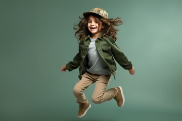 A playful fictional child smiling and jumping. Isolated on a plain background. Generative AI.