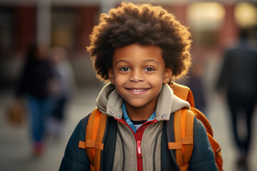 Back to school happy, young boy with backpack smilling. Generative AI