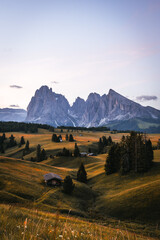 Stunning landscape view on Alpe di Siusi, Seiser Alm during sunrise, Dolomites