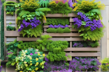 Fototapeta na wymiar Recycled pallets with hanging plants creating a vertical garden 