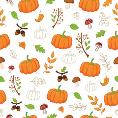 Seamless autumn texture, pumpkins, mushrooms, leaves, acorns and berries. For fabric, textiles, wrapping paper, background.