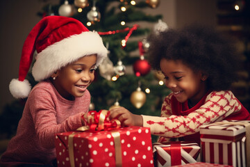 Fototapeta na wymiar Happy kids opening together Christmas gifts and presents under Christmas tree. Generative AI