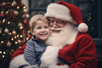 Obraz premium Happy kid sitting on Santa Claus laps, Christmas time. generative AI