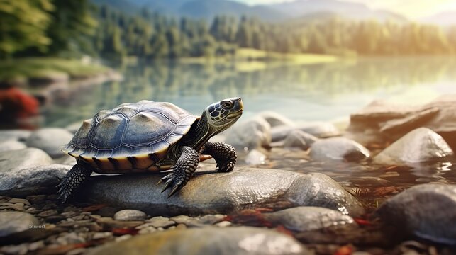 turtle on the river rock in the morning