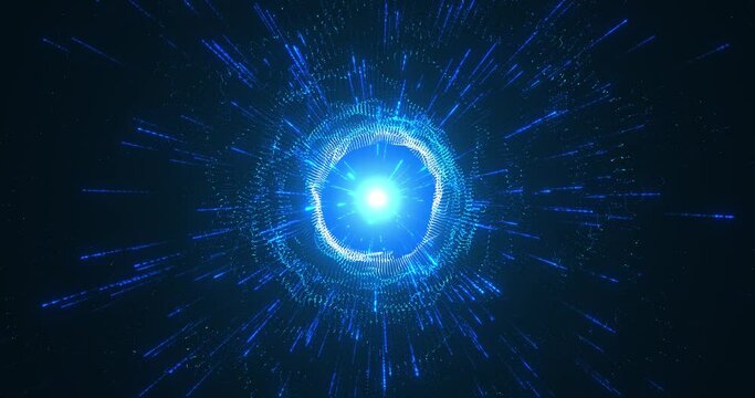 Abstract space scene with animation of glowing particles emitting beams of light, explosion of blue particles, tunnel to space, seamless loop.