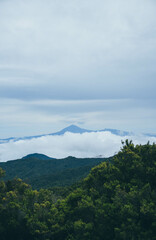 Peak of volcano mountain above the clouds on island and vegetation forest around