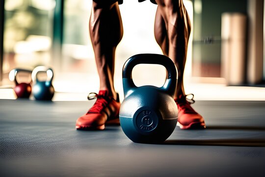 Fitness Training: Close-up of Man's Legs with Kettlebell. Generative AI