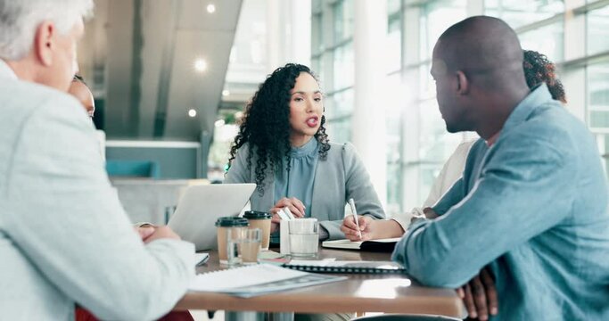 Leader, meeting and business woman with team talking about corporate company strategy and communication. Conversation, group and employees speaking together for development of office and planning