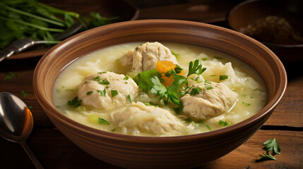 a bowl of chicken and dumpling soup on a table 