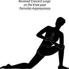 Silhouette of young woman practicing yoga, doing Revolved Crescent Lunge on the Knee pose. Parivritta Anjaneyasana. Standing and Twist. Intermediate. Isolated vector illustration.