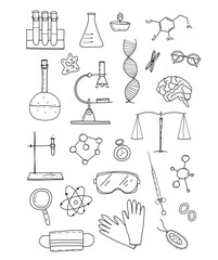 a set of elements from different sciences. doodle style illustrations. concept of learning and education. on a white background