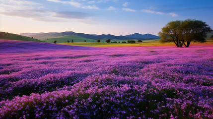 a field full of purple flowers with a hill