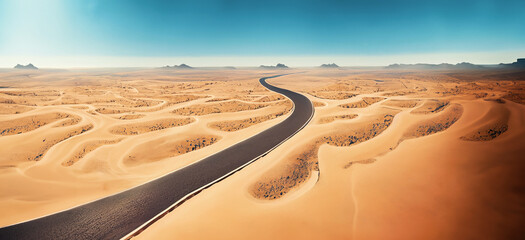 illustrazione con strada che serpeggia e si perde all'orizzonte in un deserto di dune e sabbia, cielo azzurro e limpido, vista dall'alto - obrazy, fototapety, plakaty