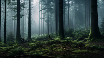 a forest filled with lots of tall trees and lots of fog